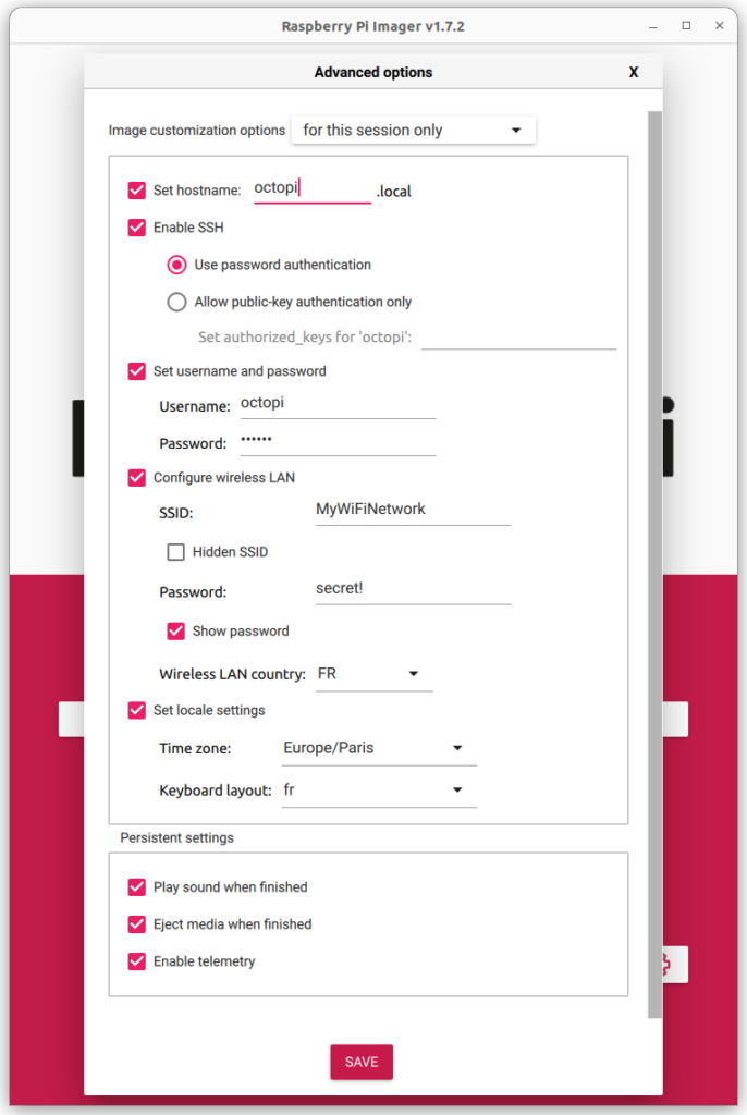 Raspberry Pi Imager settings